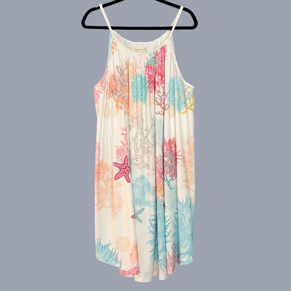 Indigo Soul Starfish Coral Reef Print Sleeveless Swing Midi Resort Dress 2XL NWT